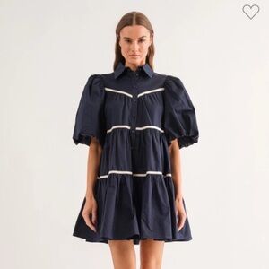 Boutique In the Beginning Navy Puff Sleeve Mini Dress w Off White Size Small